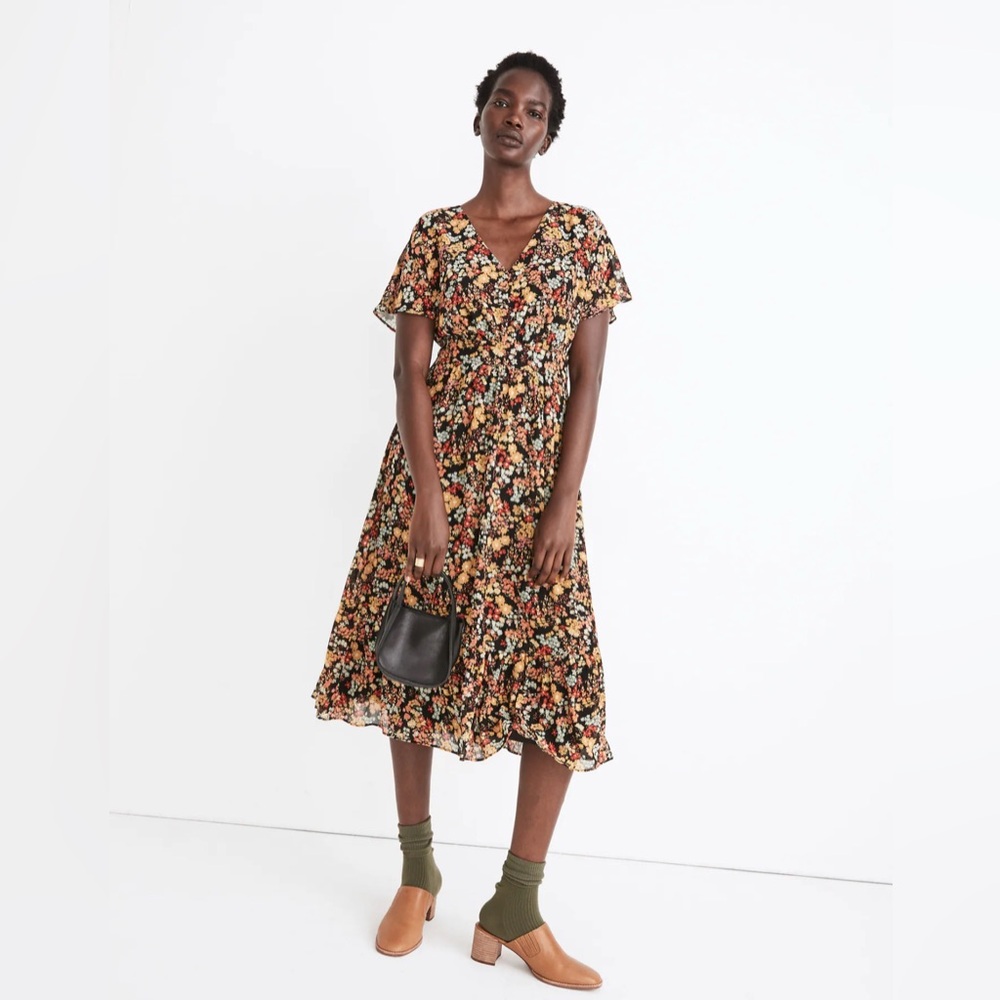 Madewell Dolman-Sleeve Ruffle-Hem Midi Dress in Flower Garden Size 00 cottage
